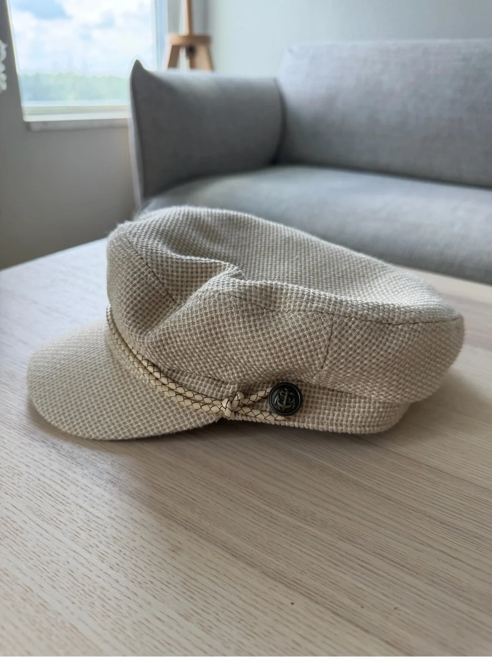Beige Textured Cap with Braided Trim